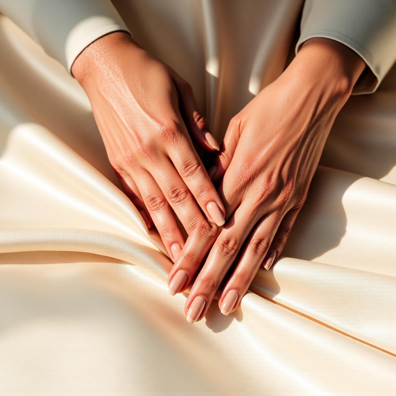 Elegant manicured hands resting on cream silk
